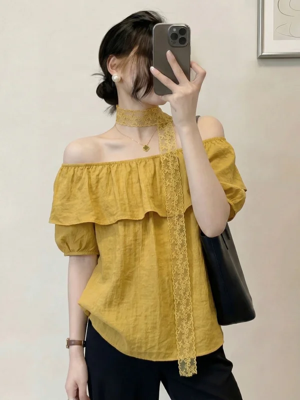 

Yellow Lace Trim One Shoulder Short Sleeve Shirt Women's Summer New Style Loose Fit Korean Style Commute Wind Blouse