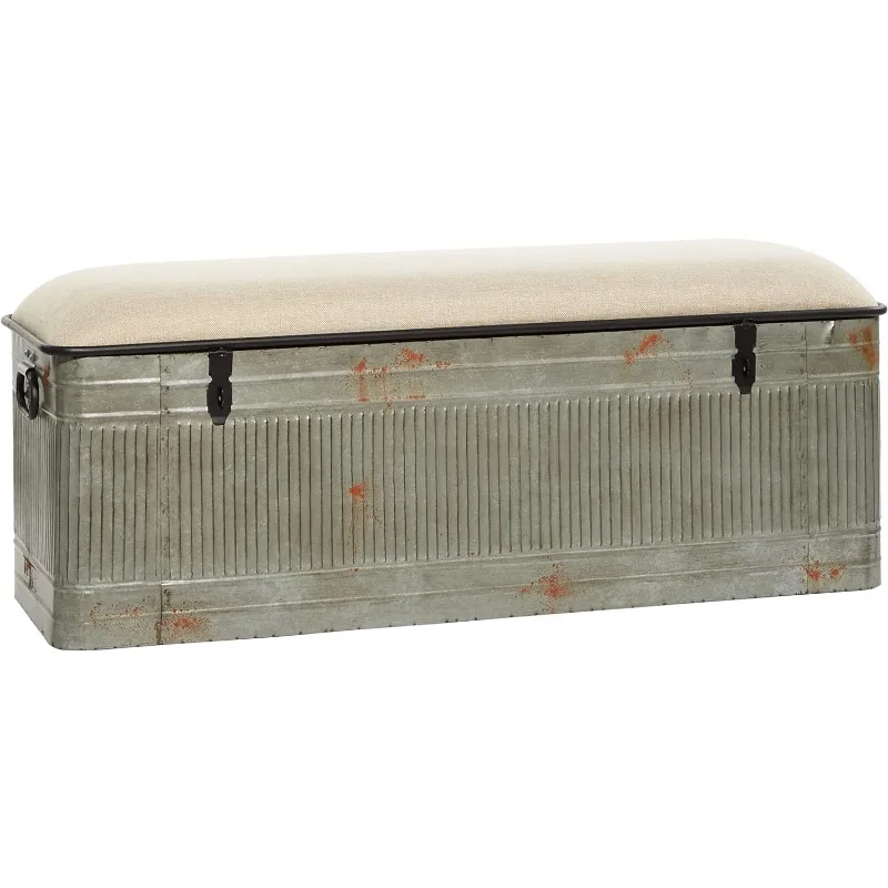 

Deco 79 Metal Room Storage Entryway Bench with Cream Burlap Top, Bench 50" x 16" x 18", Gray Bench Galvanized