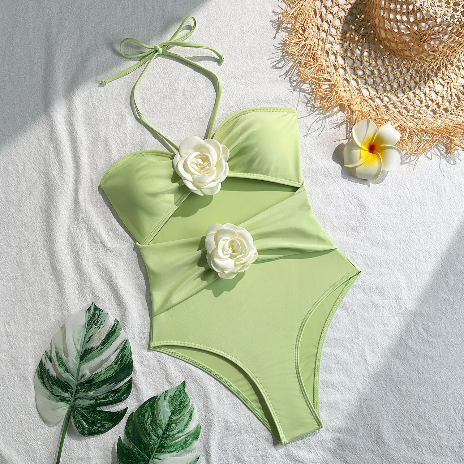 

2025 Новый сексуальный цельный купальник с открытыми плечами, монокини с 3D цветами, купальник для женщин, ажурный купальный костюм, черный, белый, розовый