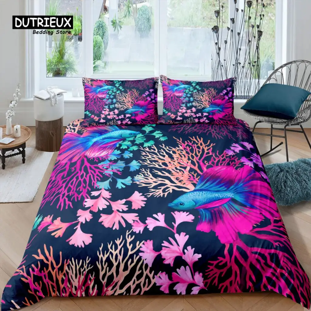 Home Living Luxury 3D Fish Coral Bedding Set Starfish Duvet Cover Pillowcase Queen and King EU/US/AU/UK Size Comforter Bedding
