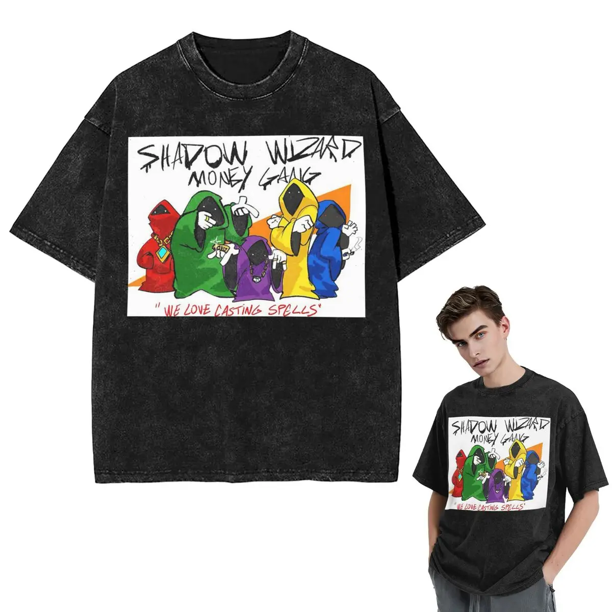 Streetwear T-Shirts Shadow Wizard Money Gang We Love Casting Spells  Washed T Shirt Short Sleeve Hip Hop T-Shirt Tops Tees