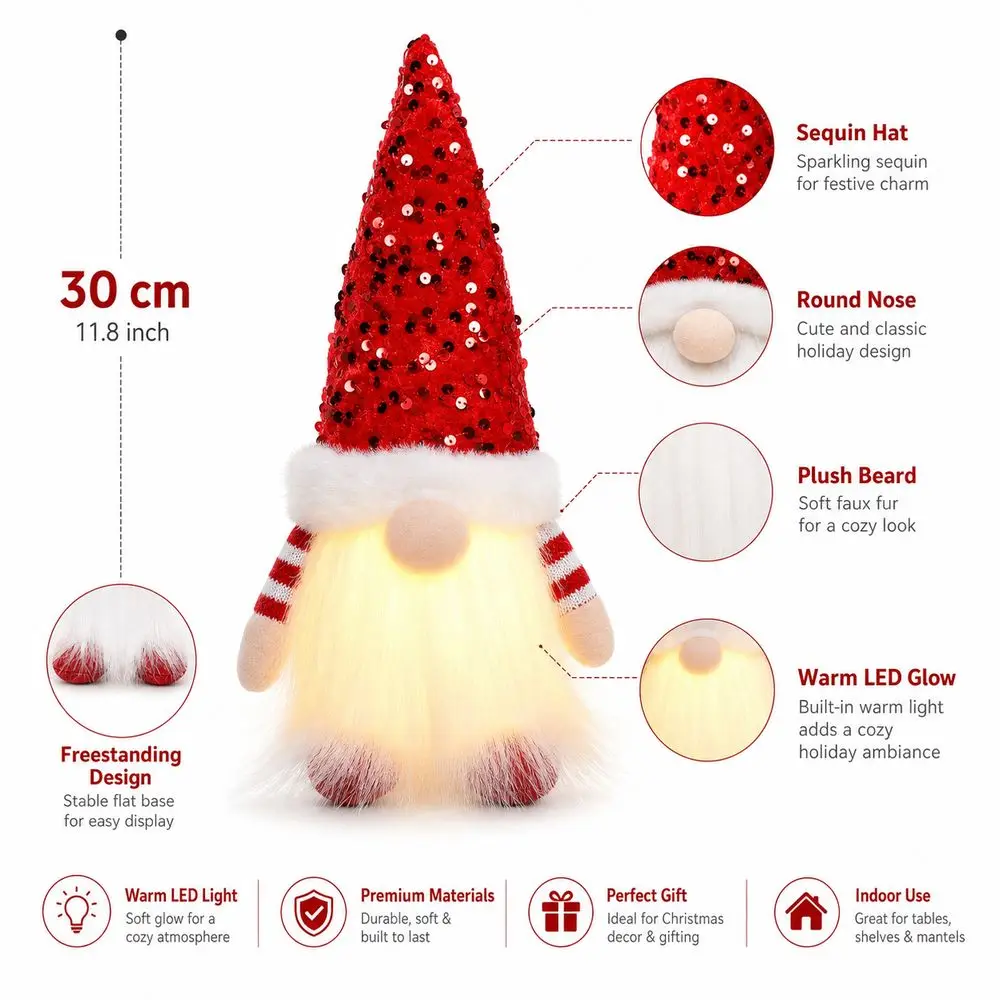 Fabric Christmas Gnome Figurine Sequin Pointed Hat Light Up Gnome White Beard Freestanding Tomte Figurine Seasonal Decorating