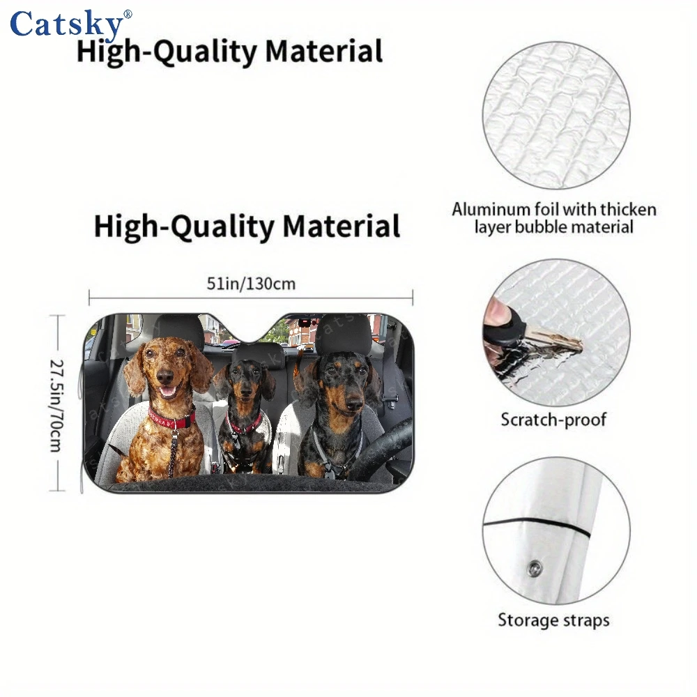 Three Dachshunds In Car | Auto Sunshades, Front Window Sun Cover, Durable Polyamide Visor For Car Decor And Gift