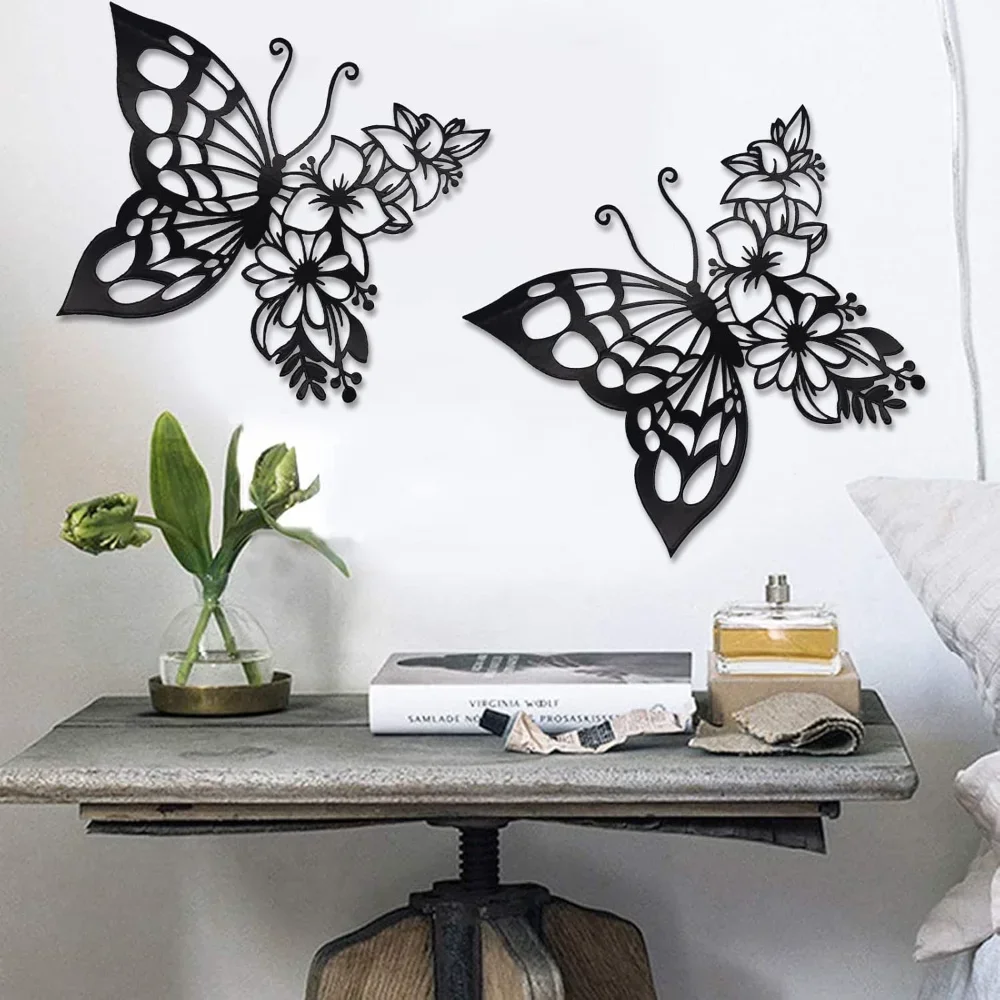 EZ4ENCE Butterfly Decoration Wall Art Boho Home Decor Hanging Appearance Metal Flower for Bedroom Living Room Wall,Black(Medium)