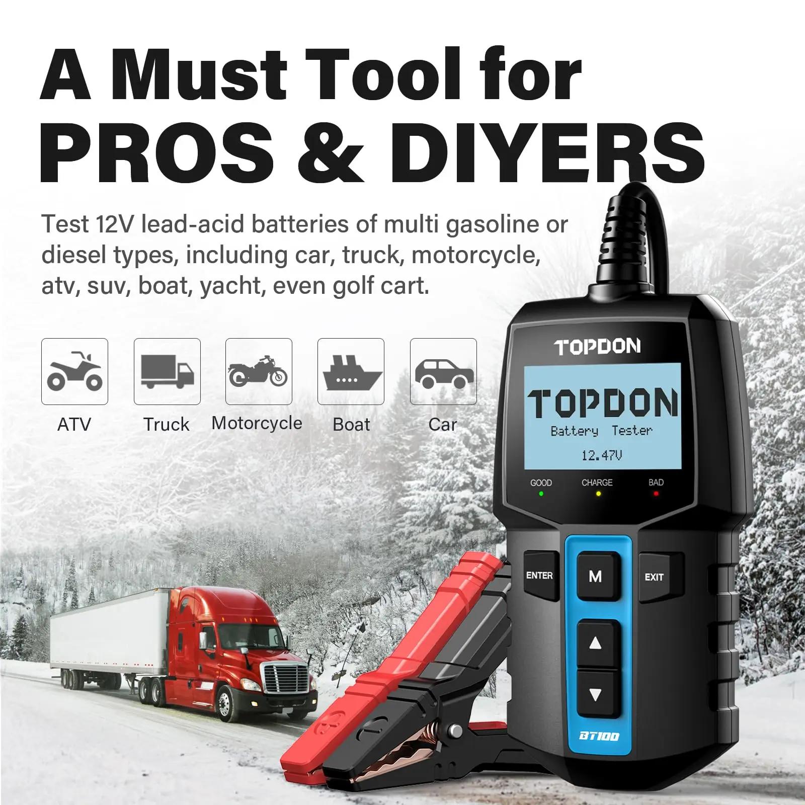 TOPDON 2027 BT100 12V Battery Load Tester, 100-2000 CCA Alternator Analyzer, Charging Cranking System Tool for Car Truck Boat