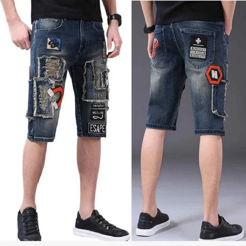 Summer Street Style Embroidered Denim Shorts For Men Patch Holes Knee length Jeans Patchwork Shorts