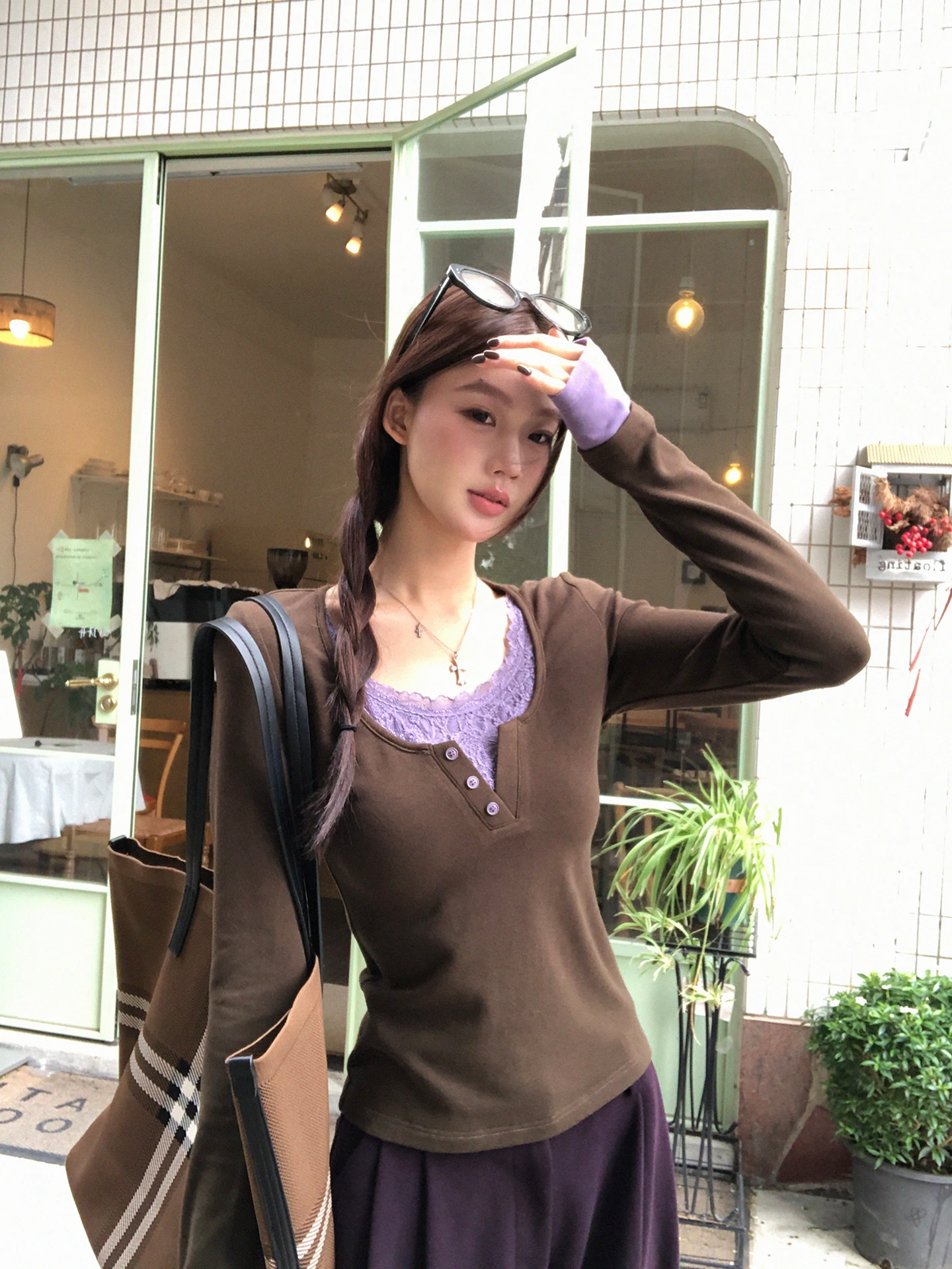 

Slim Fit Long Sve T-irt Women's Base irt Inner Wear Lace Design Fake Two-Piece Sle Coffee Color Winter Commute Sle