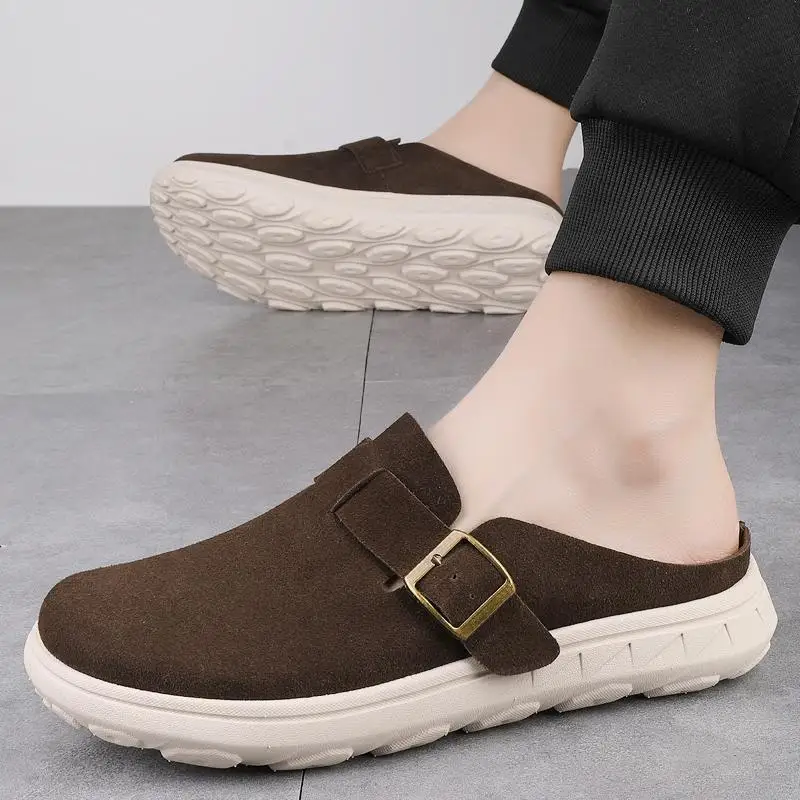 Men's Suede Clogs Slippers Thick Platform Casual Slip-On Mules with Adjustable Buckle Non-slip Comfortable Outdoor Walking Shoes