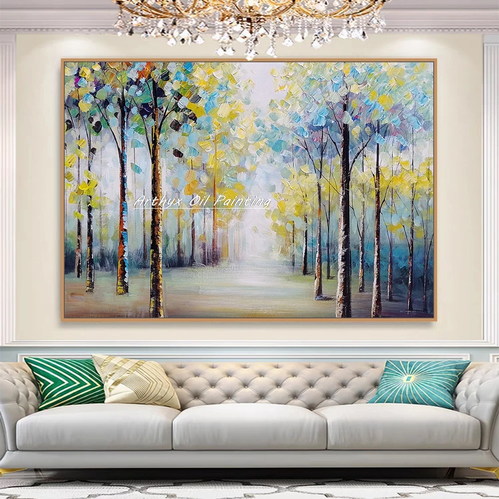 

Arthyx,Large Handpainted Knife Trees Landscape Oil Painting on Canvas,Forest Poster,Wall Art Picture,Modern Room Home Decoration