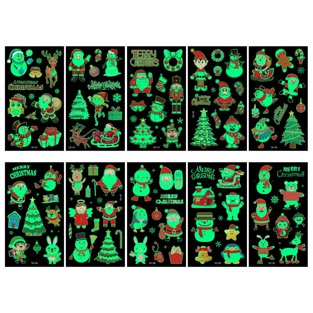 10 Sheets/Set Christmas Luminous Tattoo Sticker Kid Arm Face Glowing Waterproof Tattoos False Temporary Tattoo Stickers