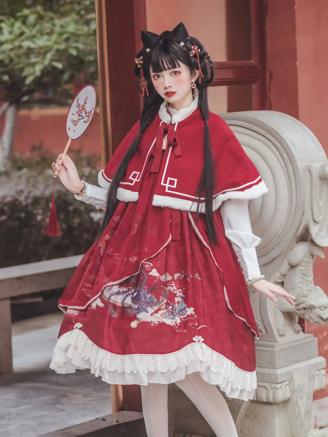 Red Chinese Style Lolita New Year Costume Autumn And Winter Improved Hanfu Qipao Style Dress Hanfu