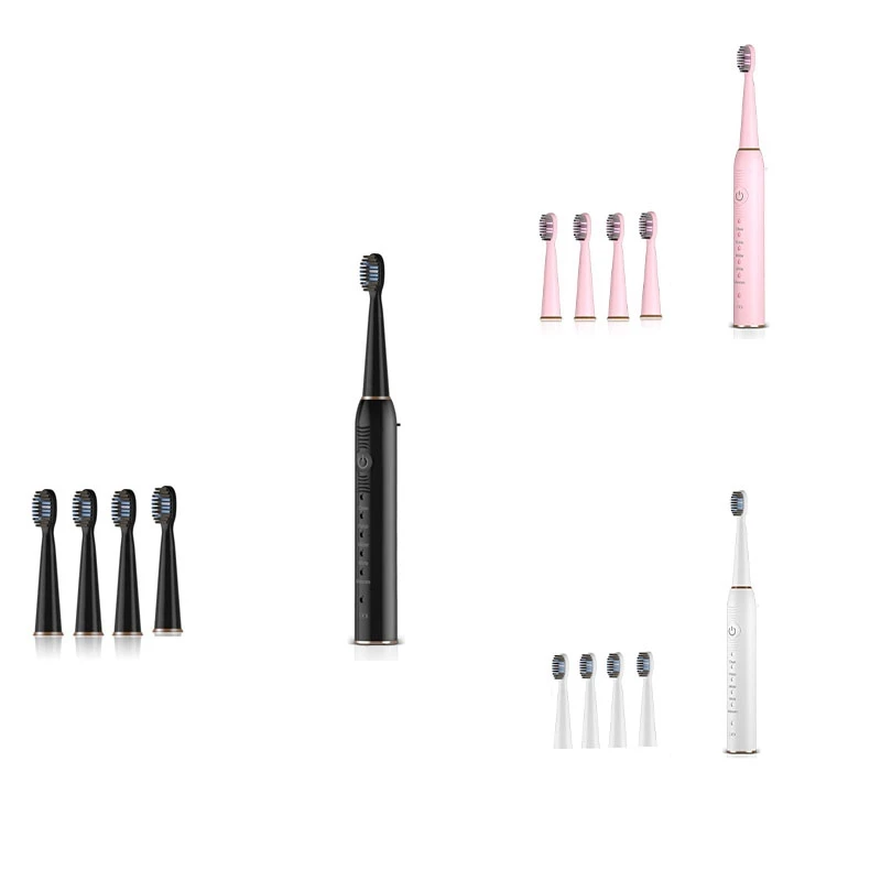 Escova de dentes elétrica lavável para adultos e crianças, vibrador ultrassônico, clareamento facial IPX7, 4 cabeças de escova, tipo bateria, rosa