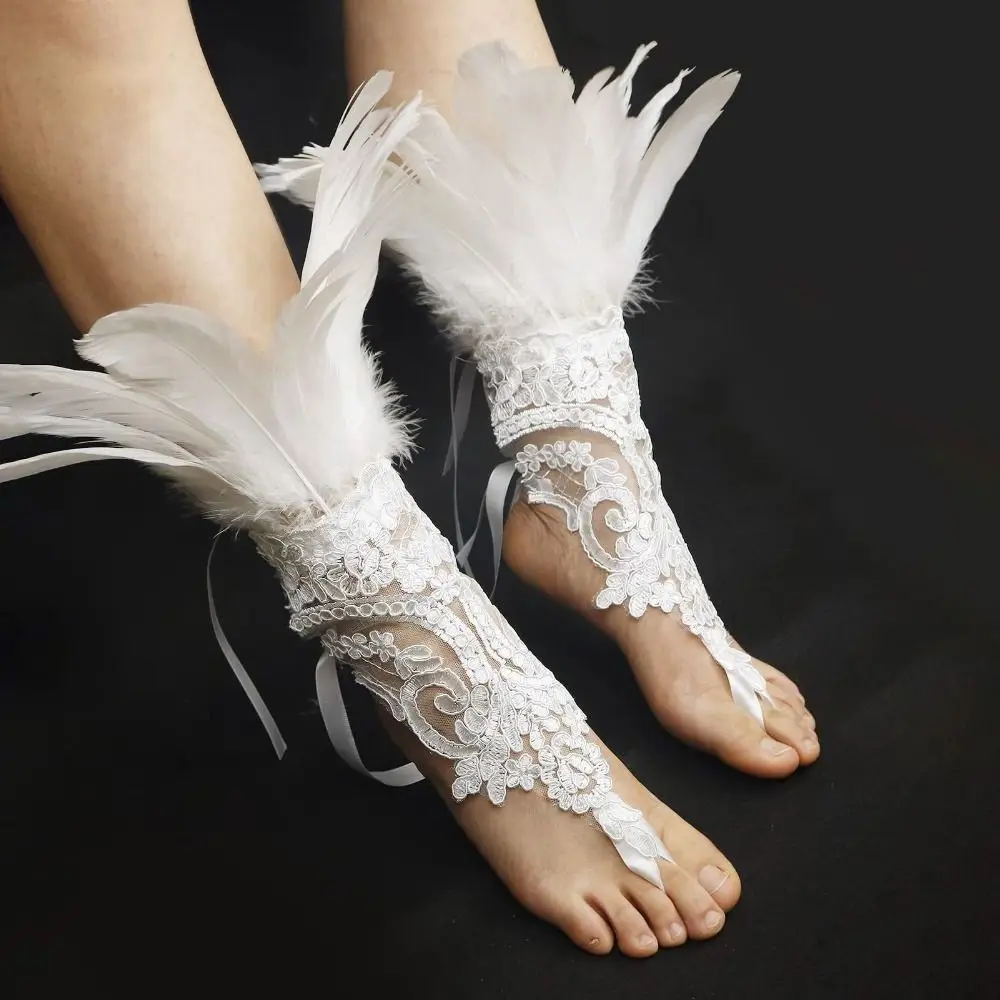 

1PC Lace Feather Long Gloves White Black Embroidery Gothic Mesh Sleeve Wrist Cuffs Female Mittens Stage Performance