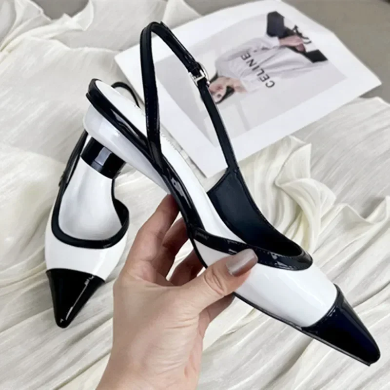 

Designer Black White Mixed Color Low Heeled Sandals Women Sexy Pointed Toe Slingbacks Chunky High Heels for Women Elegant Heels