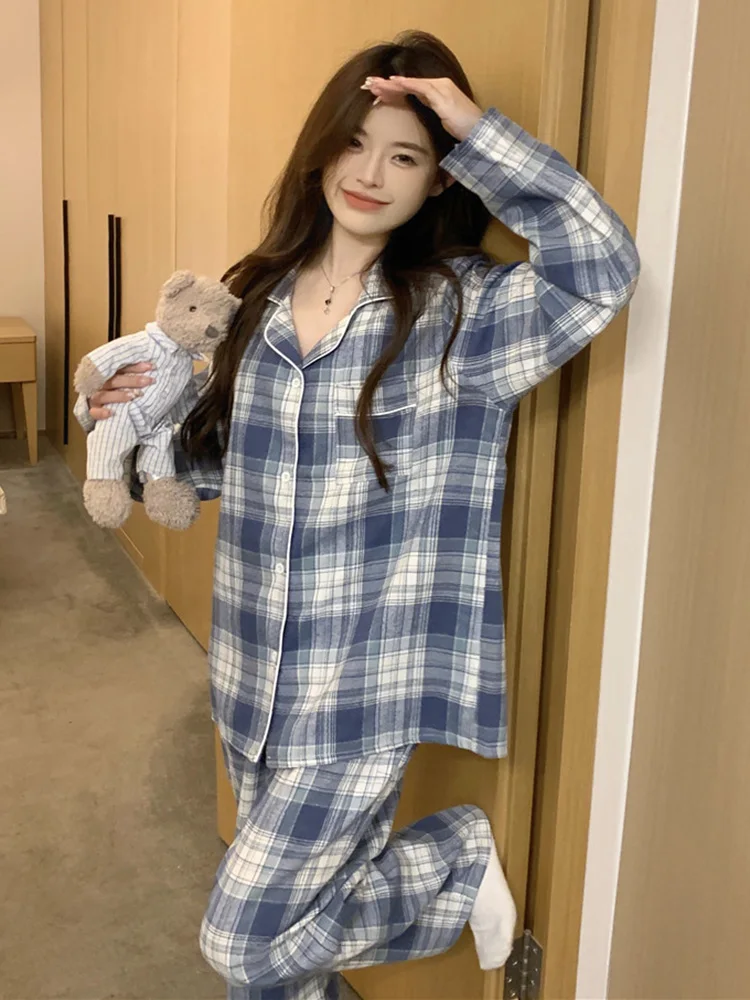 Lovers New Home Plaid Korean Winter Loose Long Sleeve Pajama Set Women Elegant Casual Comfortable Couple Sleepwear Simple Ins