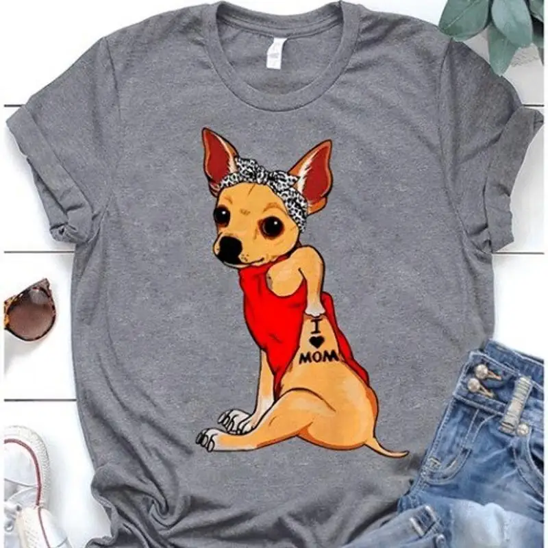

Cute Chihuahua Tattoo I Love Mom Happy Mother's Day T Shirt Women