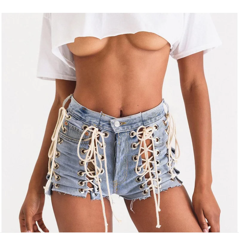 

Women Jeans Cut Off Holes Denim Shorts Sexy Cross-Tying Shorts Low Waist Ladies Skinny Jeans Summer Shorts