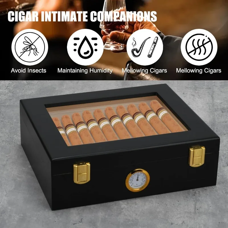 Wooden Cigar Box, Cigar Packaging Box, Temperature and Humidity Controlled Box, Transparent Glass Display Cigar Case