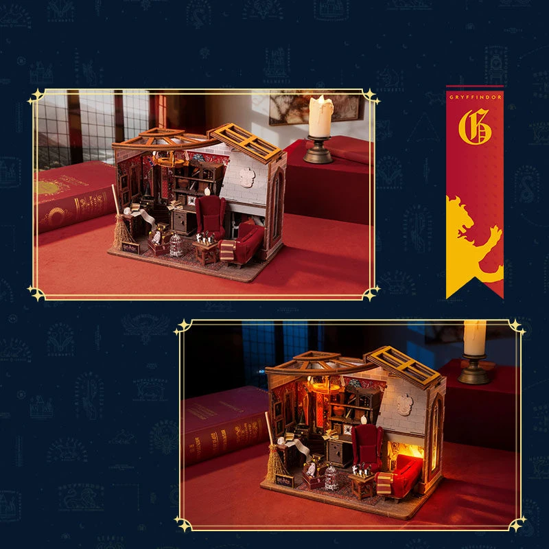 ชุดโมเดลไม้ DIY ขนาดเล็ก ห้องนั่งเล่นกริฟฟินดอร์ ตัวต่อ 3 มิติ บ้านตุ๊กตาพร้อมเฟอร์นิเจอร์และไฟ สำหรับเป็นของขวัญวันเกิดให้เพื่อน
