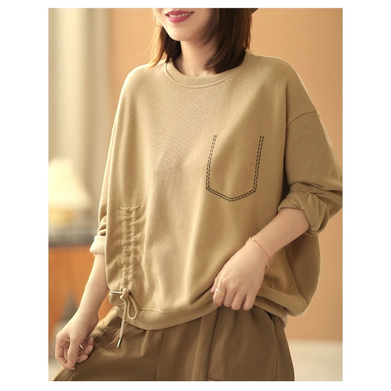 FAVRE Side Drawstring Sweatshirts Womens Roundneck Topstitching Pockets Pullovers Spring Autumn Literary and Casual Loose Tops