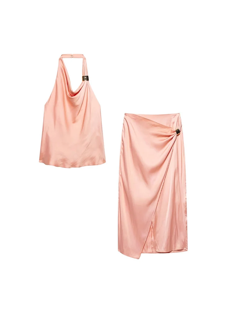 

KUCLUT Women Fashion 2 Piece Sets Light Pink Backless Tank Tops & Vintage Back Zipper Midi Skirt Female Chic Lady Skirts Set