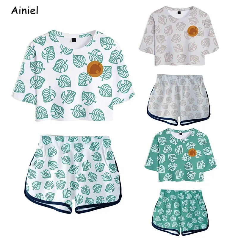 Hot Game Animal Crossing shirt T-Shorts Sport Pak Tom Nook 3D Blad Gedrukt Korte Mouw Tees Meisjes Disfraz Vrouwen Gym set MN11