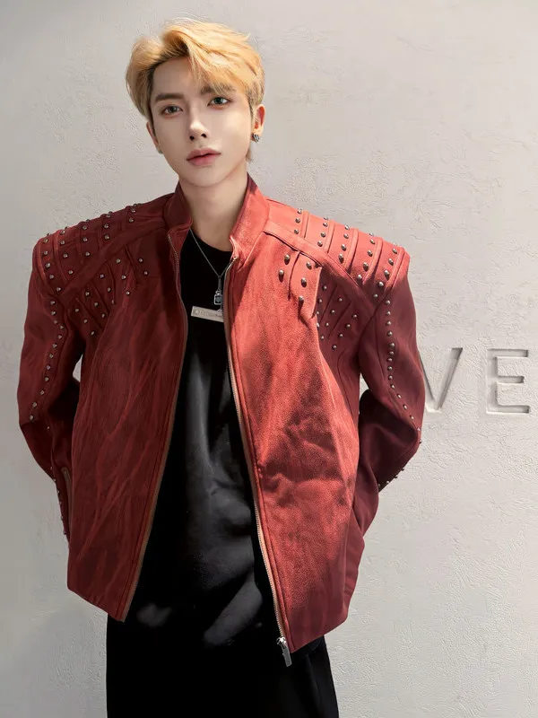 

Retro American oulder Padded Jaet Metal Rivet Stand Collar ex Spring Autumn Winter Faion Outerwear Youth ular Sle