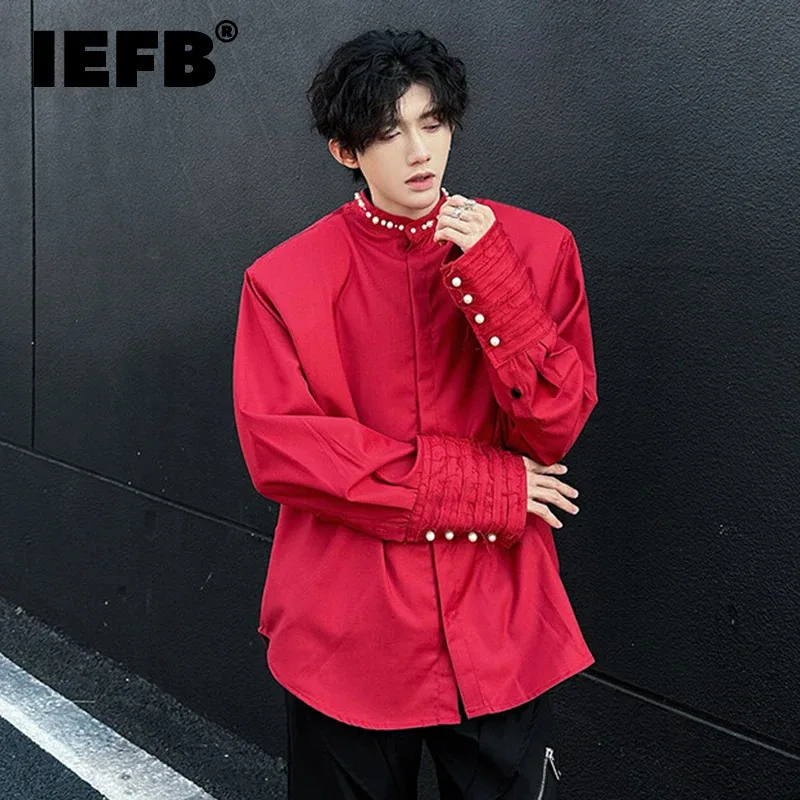 IEFB  Spring Nail Pearl Design Male Shirt Long Sleeve Round Collar Men's Wear Solid Color Court Style Men Clothing New 9W969