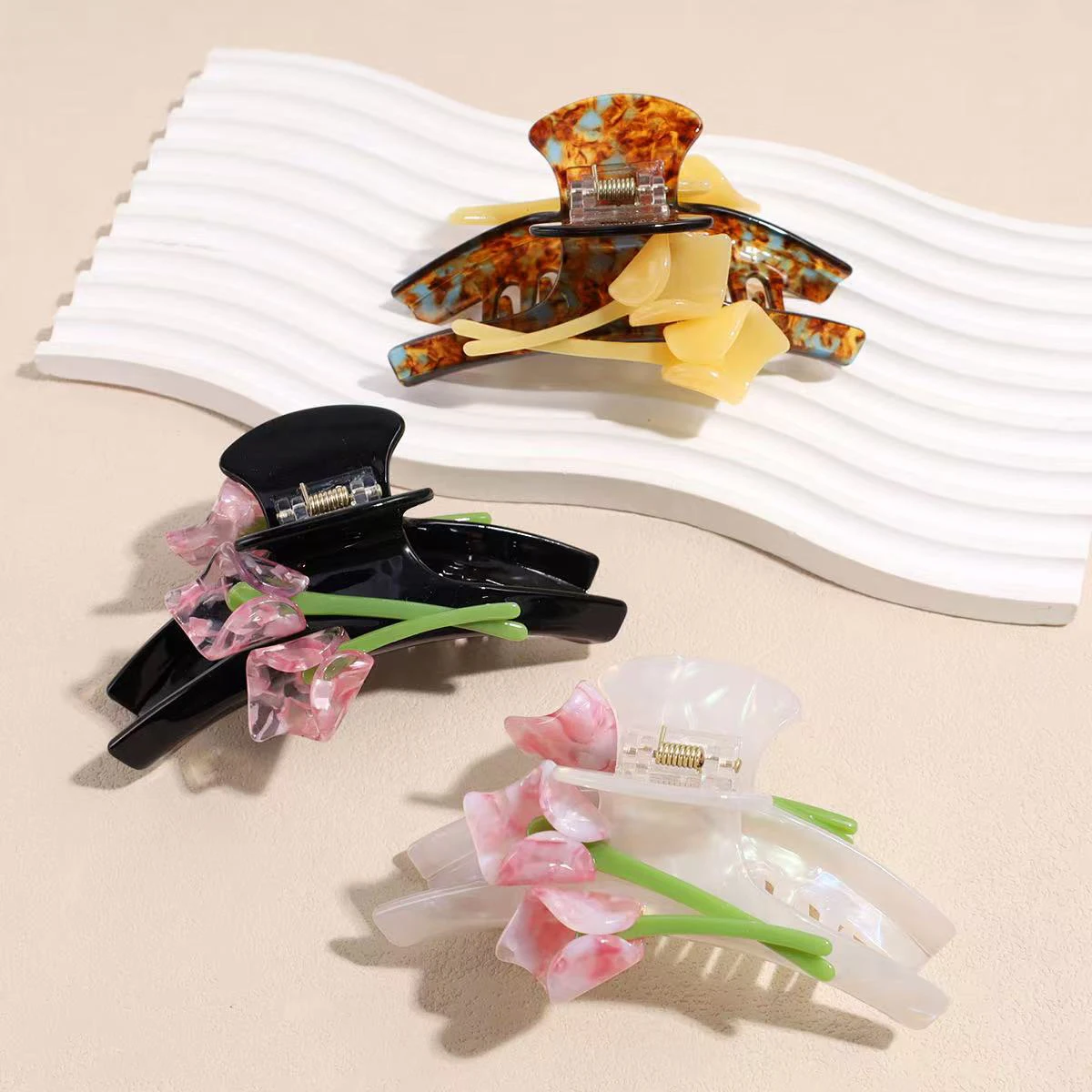 1pc romantic tulip flower acetate hairpin, elegant temperament double-sided calla lily grip clip hair accessory（11cm/4.33in）