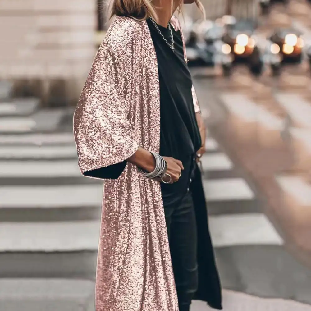 Sequin Women Jackets Cardigan Coat Shiny Glitter Long Sleeve Long Jacket Coats Office Ladies Outwear Casual Long Sleeve Cardigan