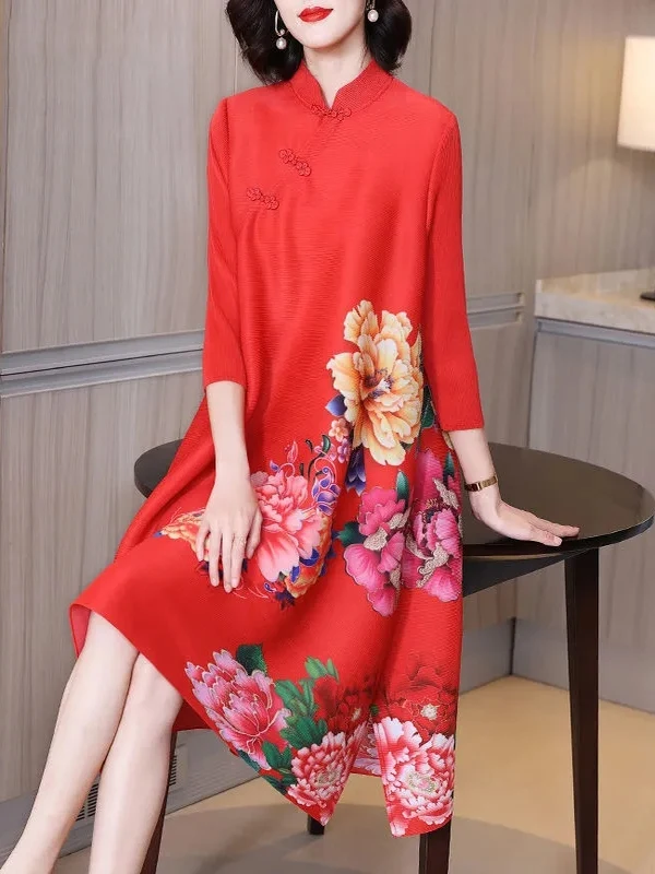 

Шикарное свободное платье-ципао миди с плиссировкой, рукавом 3/4, воротником-стойкой, в китайском стиле, из полиэстера, женское, повседневное, цельное