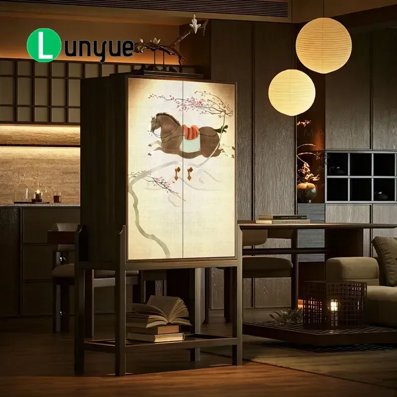 Song Style Aesthetic Solid Wood High Cabinet Ancient Painting Galloping Horse Pattern Zen Medium Ancient Style Vertical