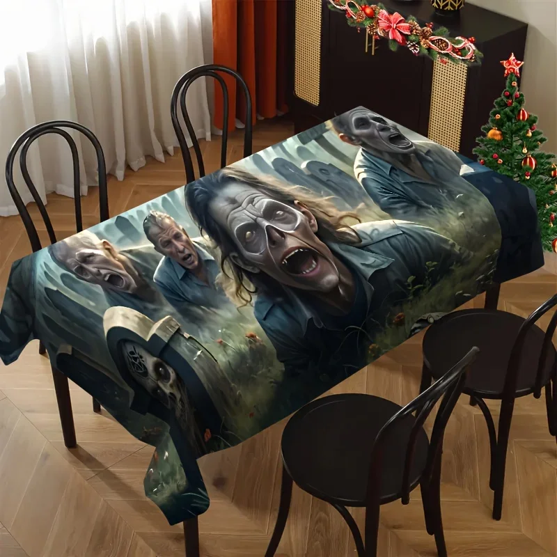 Halloween polyester tablecloth - Square with terrifying cemetery zombie pattern, suitable for the kitchenxzj
