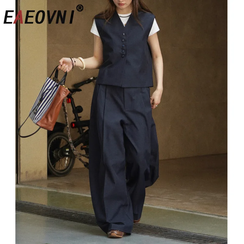 

EAEOVNI Office Lady Women 2 Piece Set V Neck Sleeveless Vest + High Waist Wide Leg Long Pants Fashion Solid 2025 New Clothing