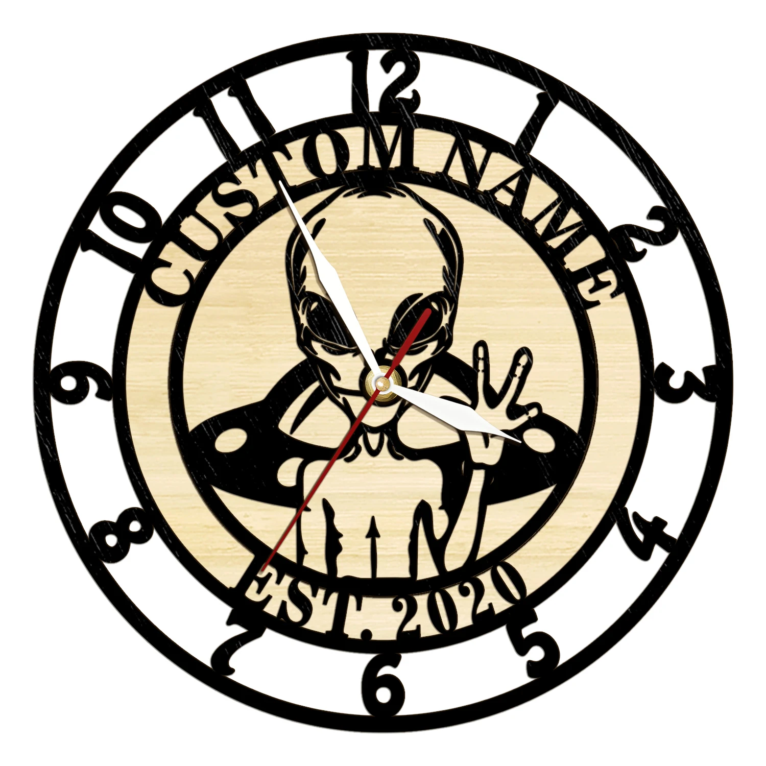 Personalized Name Alien ET with UFO Wooden Wall Clock for Boys Bedroom Sci Fi Home Decor Timepieces Rustic Wood Timber Clock