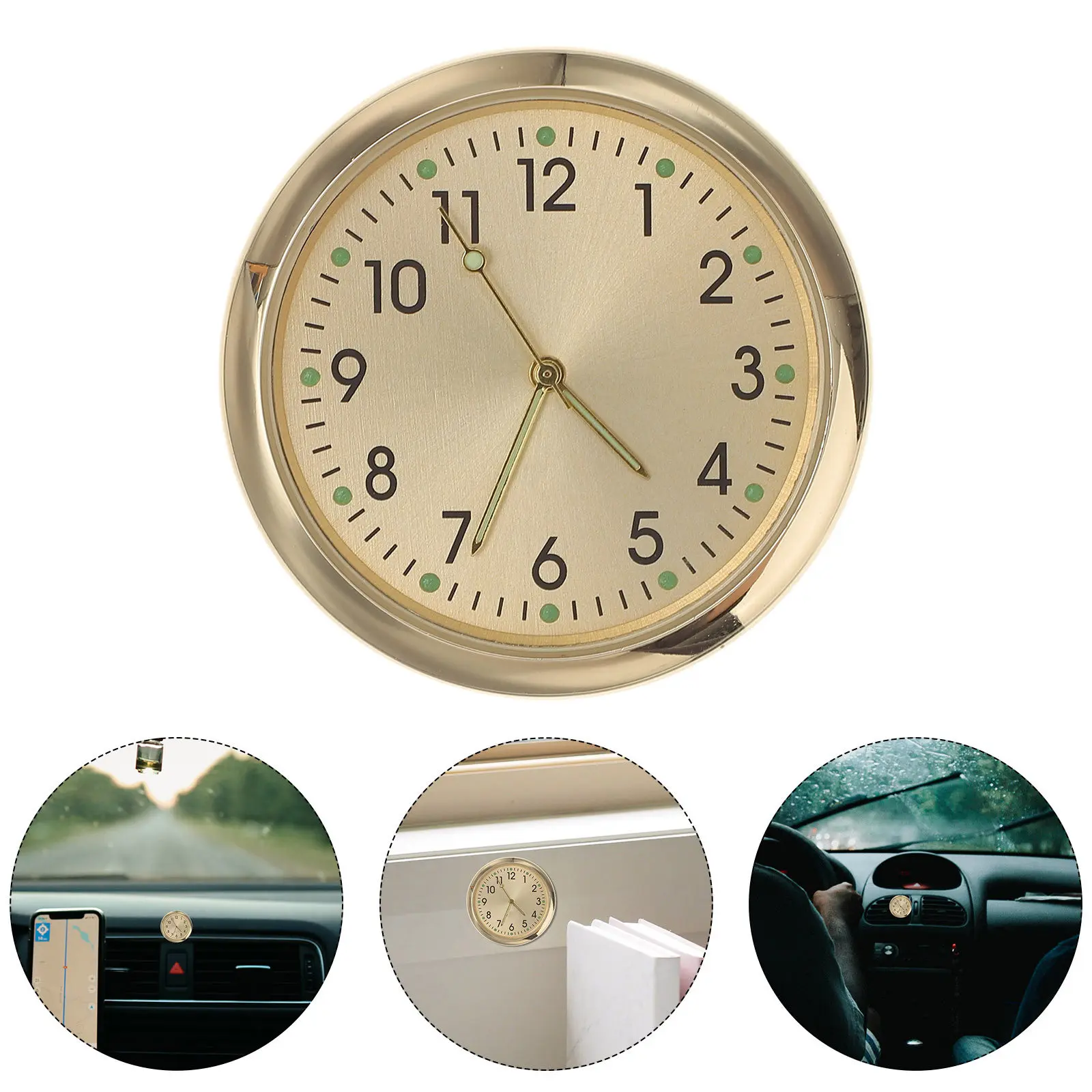 Car Dashboard Mini Clock Glass Steel Stylish Automotive Auto Stick on Clock for Car Dash Home Office School Use