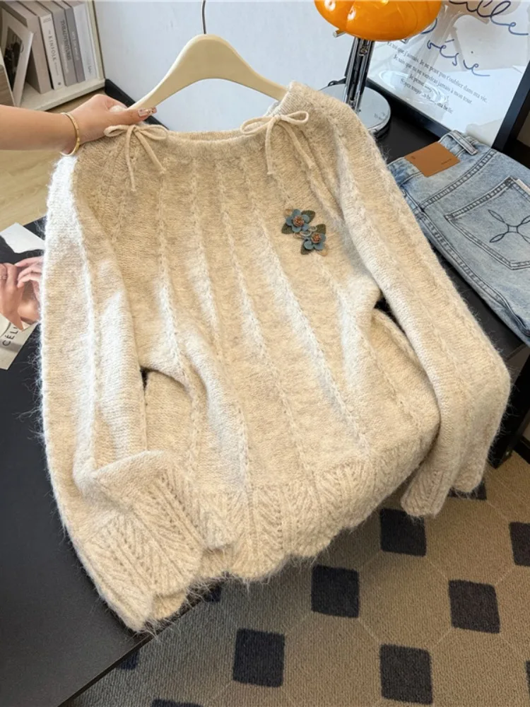 

Корейская версия, осенне-зимний свободный свитер, пуловер, женский пуловер с круглым вырезом и бантом, универсальный свитер с длинными рукавами