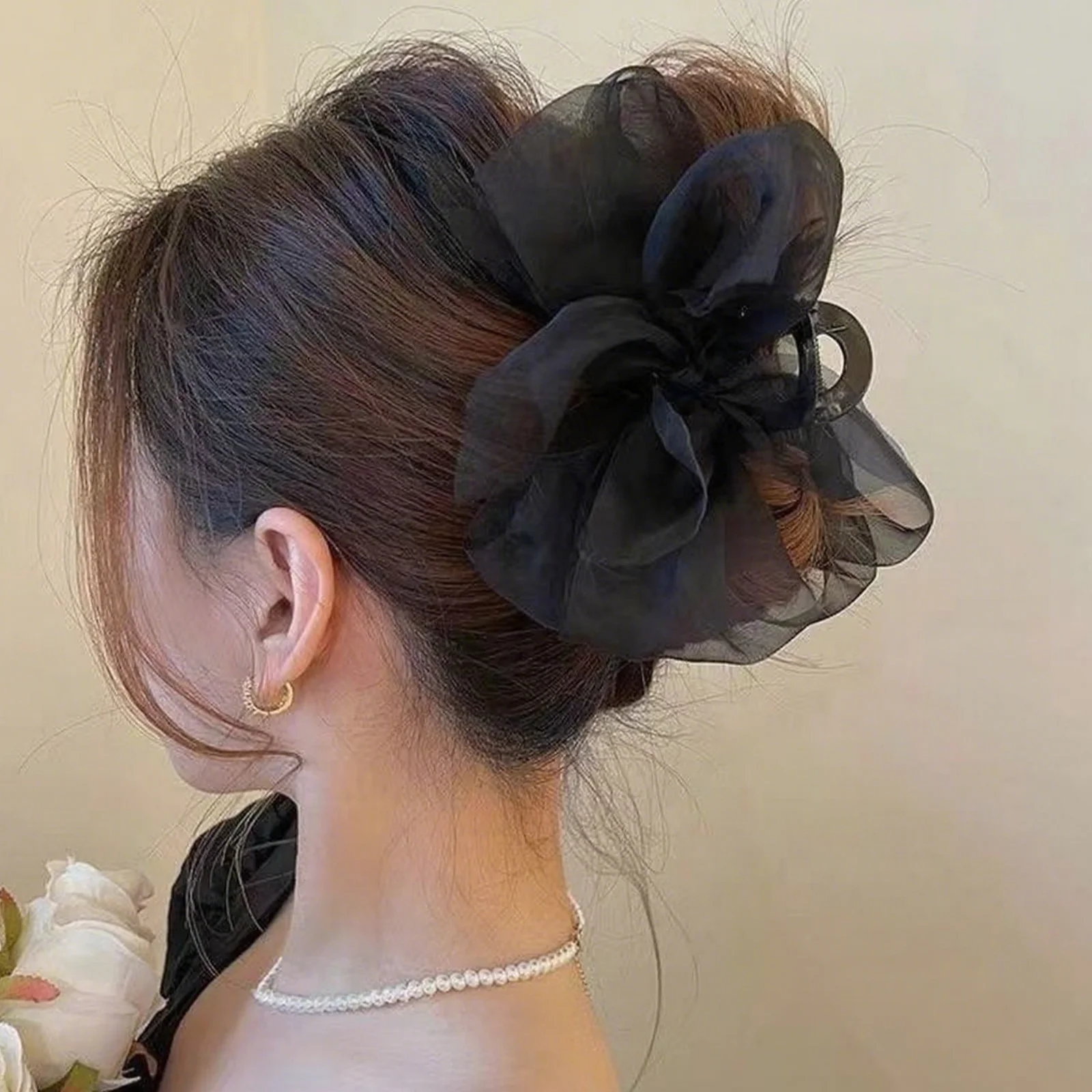 1PCFashion Mesh Tulle Large Bow Grab Clip Elegant Retro Female Net Yarn Ponytail Braid Claw Clip Hair Accessories Gift Headdress