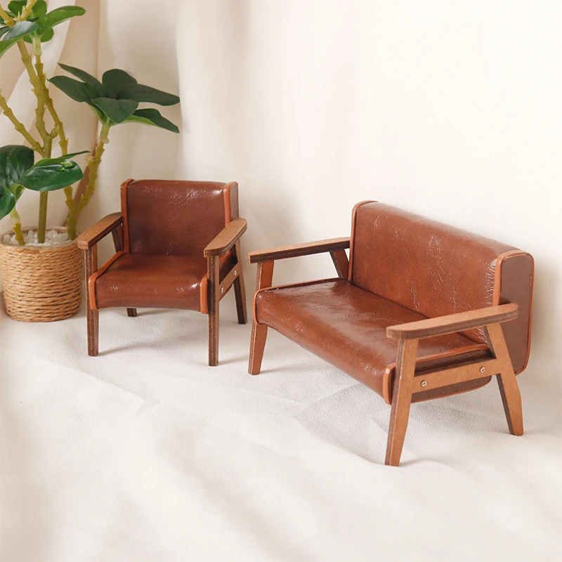 Sofá em miniatura para Dollhouse, Sofá de Couro, Cadeira Individual e Dupla, Modelo de Móveis, Decoração da Sala, Toy Doll House Acessórios, 1:12