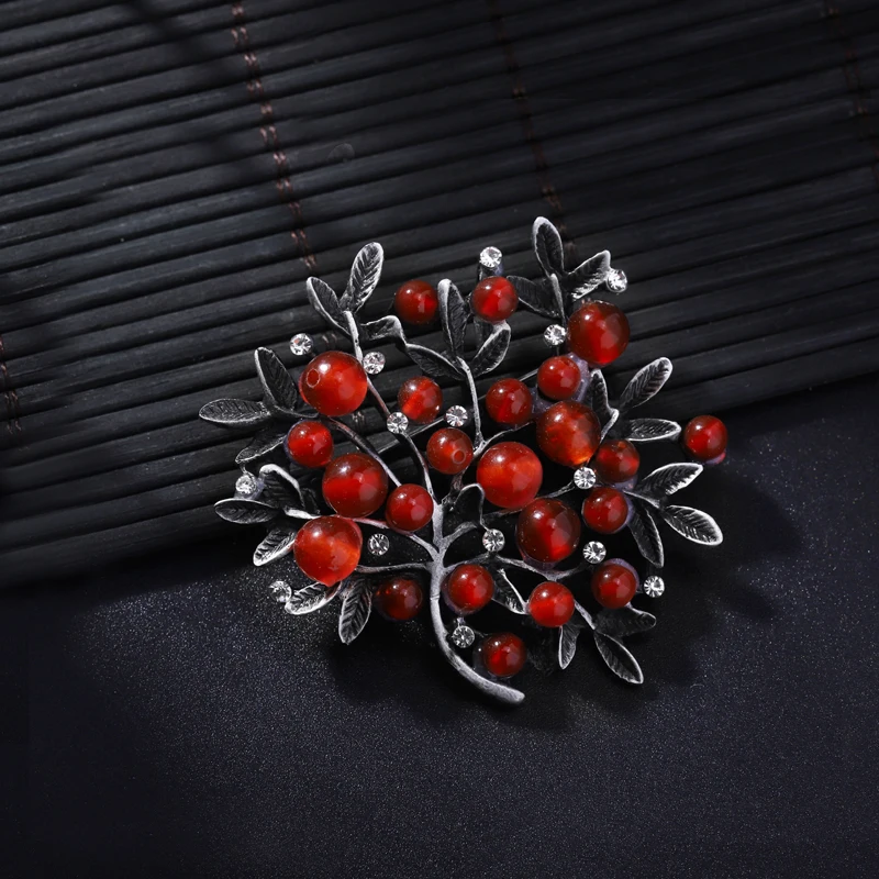 Morkopela Red Stone Trees Brooch Natural Stone Pin Vintage Bouquet Clothes Clip Brooches And Pins For Women