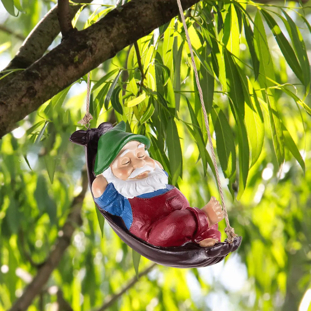 Funny Garden Gnomes Outdoor Hanging Statue Resin Hammock Gnome Decorations Gnome Figurine for Lawn Patio Yard Tree Decorations