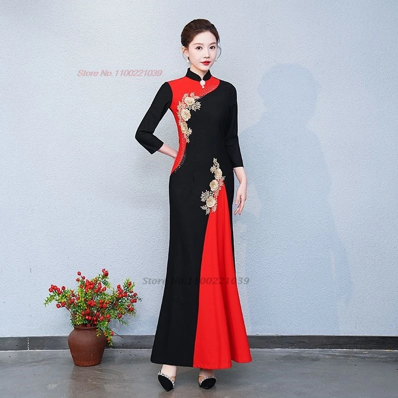 

Традиционное китайское платье 2021, улучшенное вечернее платье Ципао для банкета, Cheongsam, национальная цветочная вышивка, торжественное платье Ципао