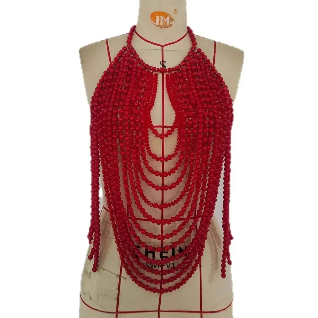 

New Red Beaded Heavy-Duty Sexy Crop Top European & American Summer Outings Lace-Up Layered Styling