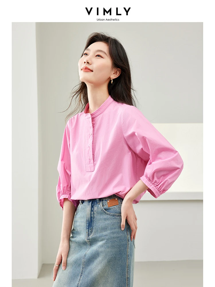 Vimly Cotton 100% Pink Blouse for Women 2024 French Style Elegant Spring Summer Simple Shirt Three Quarter Sleeve Tops M6135