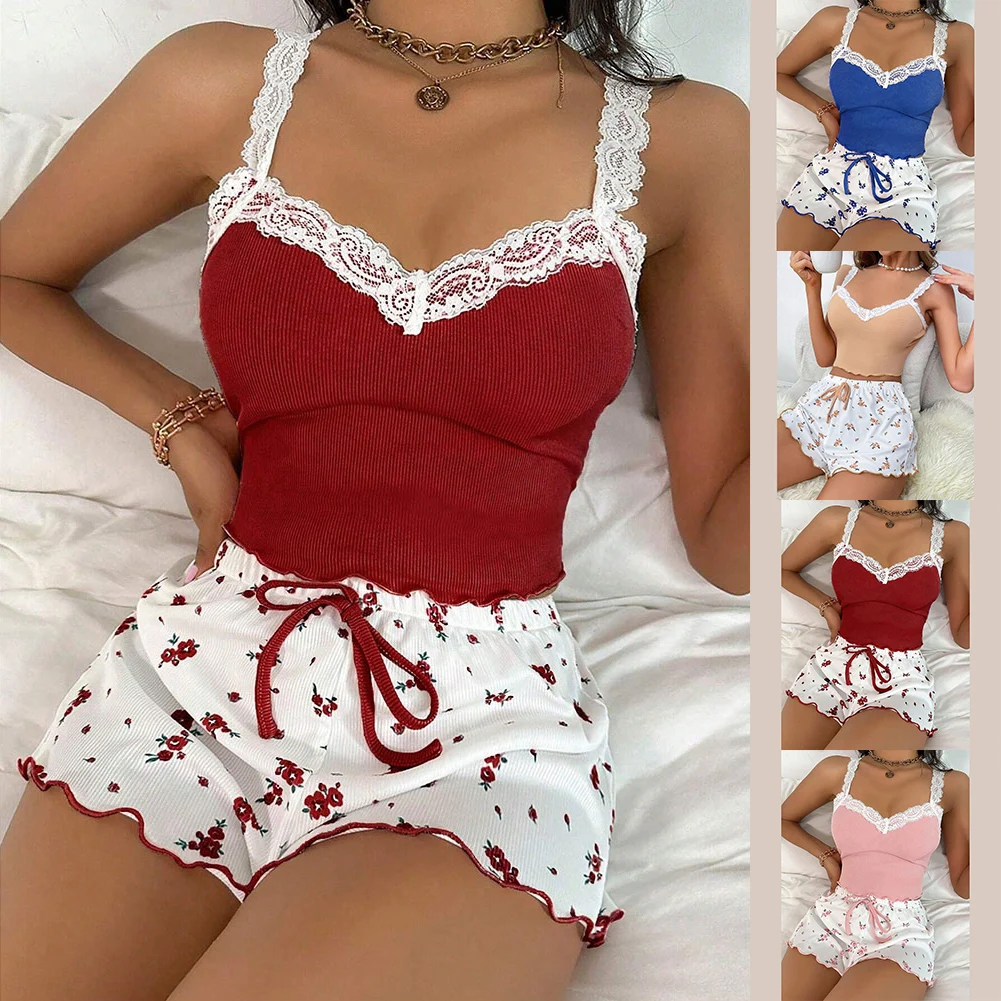 

New Women's Sexy Lace Lace Camisole Vest Shorts Sleepwear Women's Slim Fit Two-piece Lace Halter Shorts Set