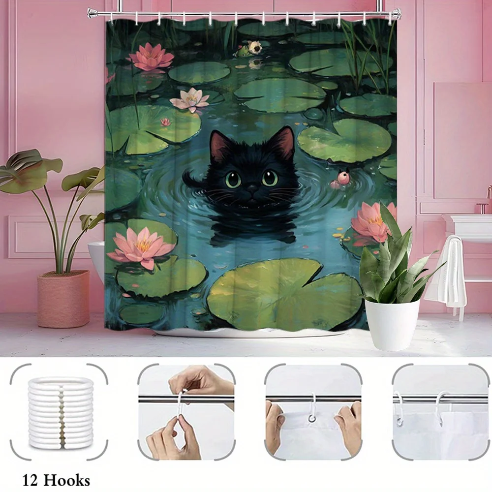 Cute Black Cat Pond Lily Pad Shower Curtain Bathroom Decor Waterproof Tropical Pet Art Shower Curtain