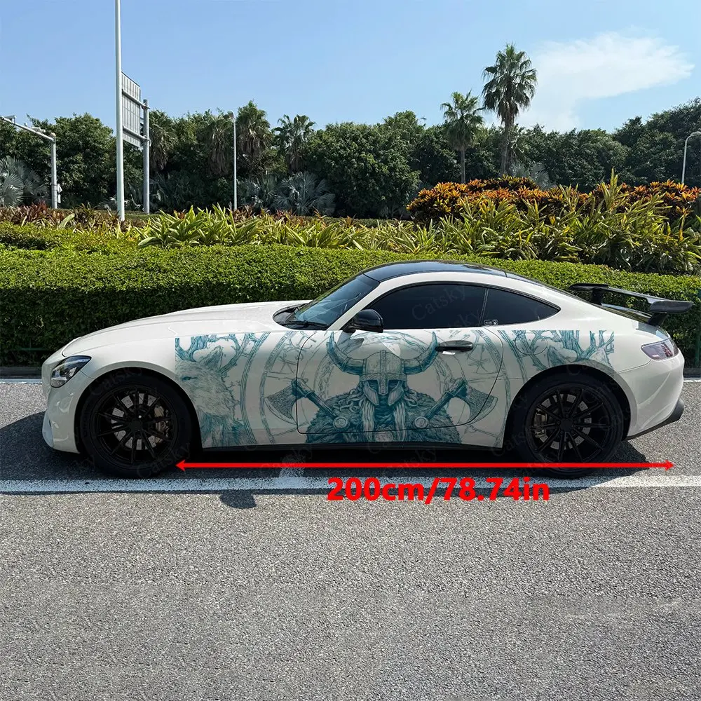 2pcs Norse Rune Totem Viking Warrior Car Side Wrap, Self-Adhesive PVC Waterproof & Scratch-Resistant Sticker, Car Accessory Gift