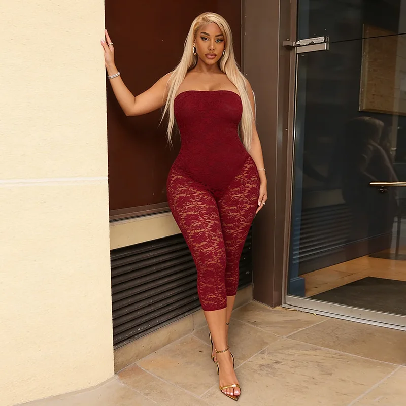 STYLISH LADY Lace Strapless Jumpsuit 2026 Summer Women Sleeveless Backless Sheer Mesh Bodycon Party Clubwear Capri Jumpsuits