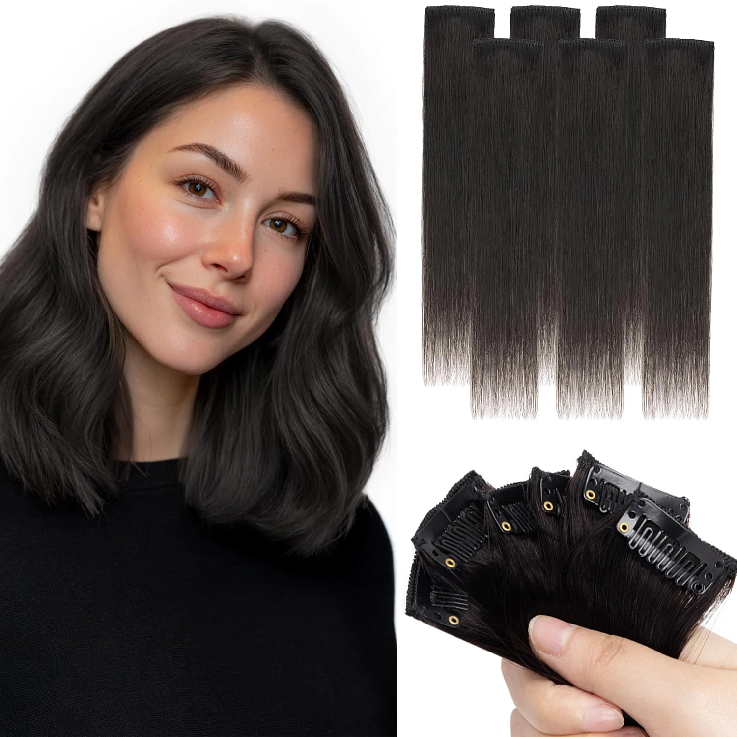 6 Stück 6 Clips Echthaarverlängerungen, kurze, glatte Mini-Clip-Ins, echtes Remy-Haar, Clip-On-Haarteil für Frauen, 30 cm, 30 g