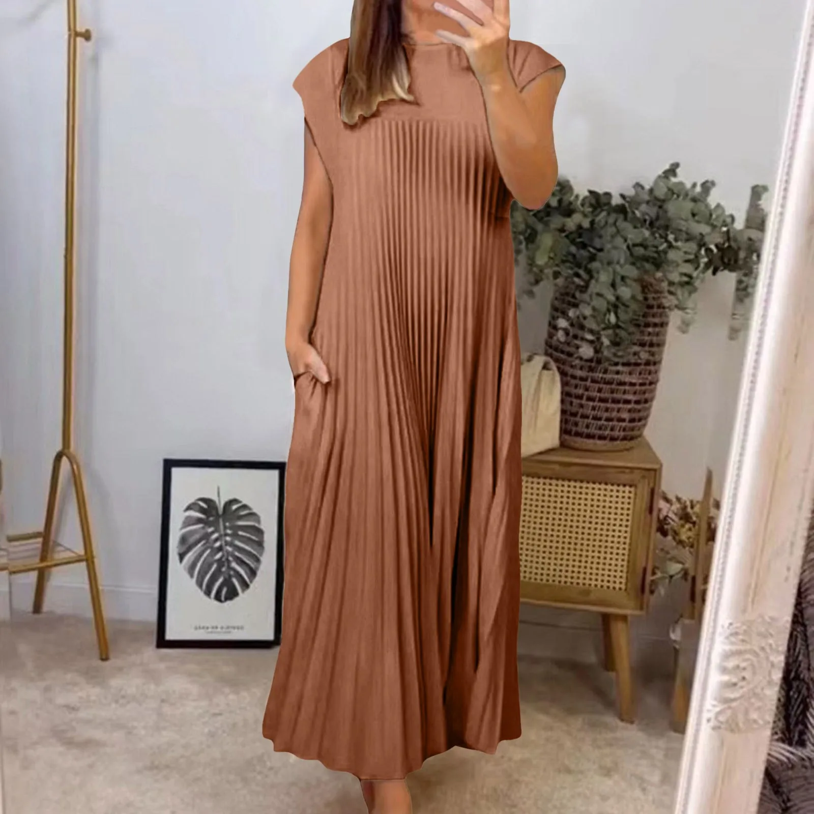 

Women’s 2024 Fashion Summer Pleated Long Dress O-Neck Short Sleeve Solid Color Maxi Dress Pockets Loose Fit Female Dresses